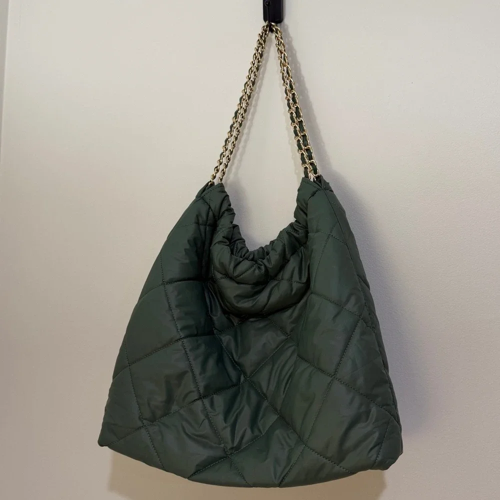 Quilted Puffer Chain Hobo Bag Olive Green Pillow Shoulder Bag  Y2K Luxury